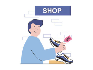 Shopping concept with character situation. Customer buys sneakers in store. Man chooses sports footwears in shoe department of boutique. Vector illustration with people scene in flat design for web