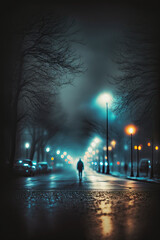 generative ai illustration, a wet city road in the night with a silhouette of a man, intentionally blurred concept for book cover or background
