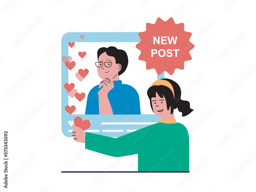 Aufkleber social network concept with character situation. woman puts like and heart on new post with photo of