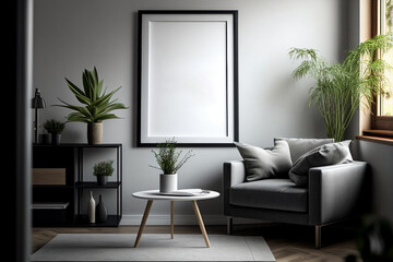 mock up modern living room with empty frame, interior design made with Generative AI
