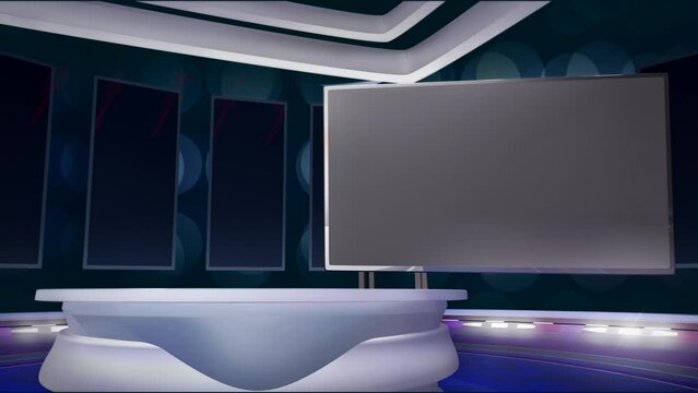 Virtual TV show background loop, with a desk and a empty monitor screen. 3D graphics render template backdrop, ideal for sports news, game, casino or gambling online broadcasts and live events