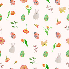 Watercolor Easter seamless pattern on pastel background.  Painted colorful eggs, rabbits,  spring flowers, butterflies and foliage. Hand drawn illustration. For holiday wrapping, packaging, print.