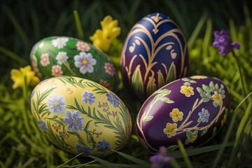 Decorated Easter eggs in an Easter background - generative ai