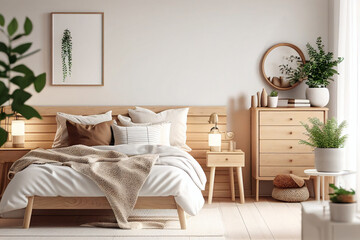 modern bedroom with wooden decoration in scandinavian style, sustainable living, interior design made with Generative AI