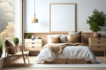 Fototapeta na wymiar mock up modern bedroom with empty frame, interior design made with Generative AI