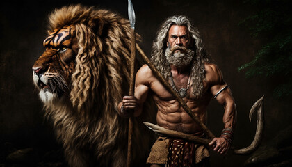 Cave man, tiger, lion, cave