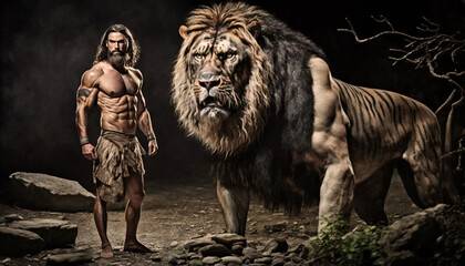 Cave man, tiger, lion, cave
