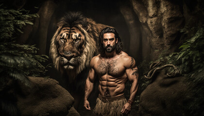 Cave man, tiger, lion, cave