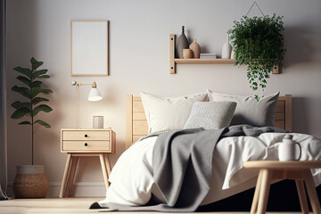 modern bedroom with wooden decoration in scandinavian style, sustainable living, interior design made with Generative AI