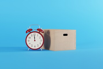Naklejka premium A package, a cardboard box and a clock. The concept of transport, the work of couriers and logistics companies. On-time parcel delivery. 3D render, 3D illustration.