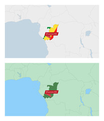 Congo map with pin of country capital. Two types of Congo map with neighboring countries.