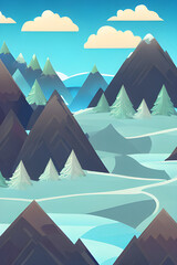 flat 2d style illustration of cozy mountain ranges created with flat minimalistic style  using vibrant and vivid colours