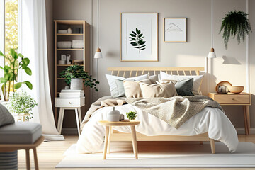 modern bedroom with wooden decoration in scandinavian style, sustainable living, interior design made with Generative AI