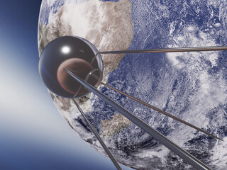 Satellite one orbiting the earth planet of solar system. 3D rendered illustration. Elements of this image where furnished by NASA.