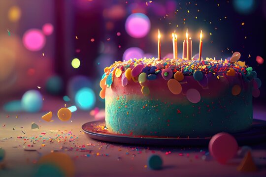 Happy Birthday Cake with Delicious Icing Frosting Colorful with Lit Candles and Confetti in Background Image