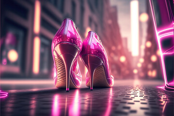 shiny pink heels in the street - obrazy, fototapety, plakaty