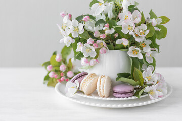 Fototapeta na wymiar Beautiful composition with delicious French macarons and spring flowers in a white cup. Sweet dessert, early spring white and pink flowers, wedding decor, bride morning