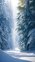 The vast and quiet taiga stretches to the horizon, with dense green trees grouped in deep harmony, as the fresh breeze whispers through their leaves and crystal snow lies on the frozen ground, creatin