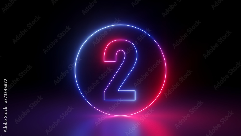 Poster 3d render, red blue neon number two inside the linear round frame glowing in the dark, isolated on b