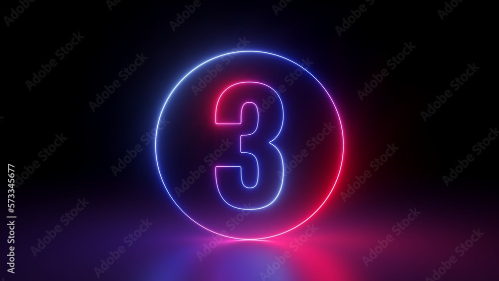 Poster 3d render, red blue neon number three inside the linear round frame glowing in the dark, isolated on
