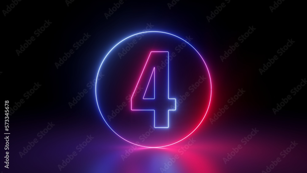 Poster 3d render, red blue neon number four inside the round linear frame glowing in the dark, isolated on 