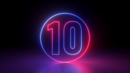 3d render, red blue neon number ten inside the linear round frame glowing in the dark, isolated on black background