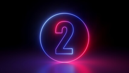 3d render, red blue neon number two inside the linear round frame glowing in the dark, isolated on black background