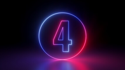 3d render, red blue neon number four inside the round linear frame glowing in the dark, isolated on black background