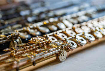 Close up of old concert flutes