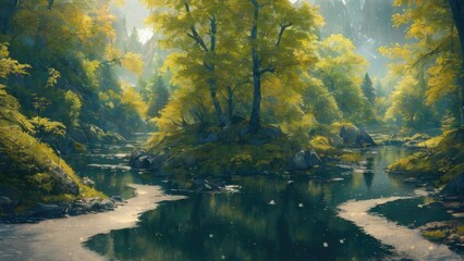 Fototapeta premium The vast and quiet taiga stretches to the horizon, with dense green trees grouped in deep harmony, as the fresh breeze whispers through their leaves and crystal snow lies on the frozen ground, creatin