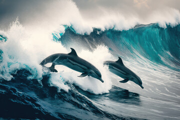 Obraz na płótnie Canvas Dolphins in ocean. Illustration AI Generative