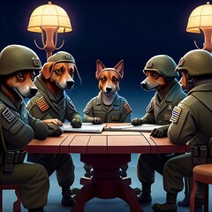 Group of dogs discussing military plans - AI generated