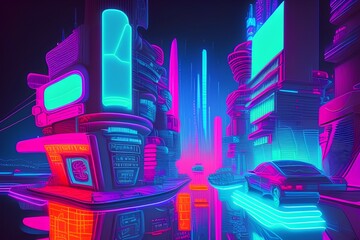 Neon 3d image of beautiful city, painting, fine art, ega, happy, excited, creative, drawn on canvas - generative ai