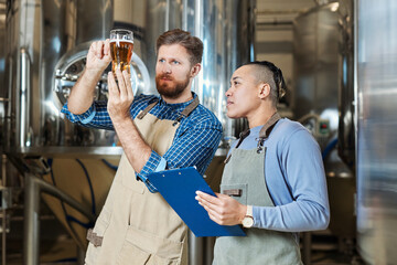 Waist up portrait of brewmaster holding beer glass