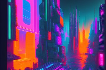 Neon 3d image of beautiful city, painting, fine art, ega, happy, excited, creative, drawn on canvas - generative ai