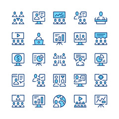 Presentation line icons. Set of presentation icons. Blue color. Vector line icons set