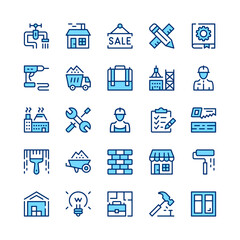 Construction line icons. Set of construction icons. Blue color. Vector line icons set