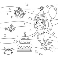 Coloring page with mermaid, fish and crab. Underwater animals. Birthday party. Cute cartoon characters. Fairy tale. Black and white vector illustration for children's coloring book.