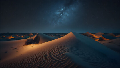 Undulating Sand Dunes form a Scenic Desert Landscape. Night Background with Blue Gradient Starry Sky. - obrazy, fototapety, plakaty