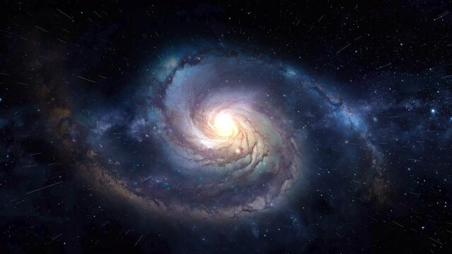 Zooming through space to a distant spiral galaxy.  	