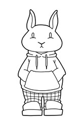 Coloring page. Humanized rabbit in a sweatshirt and sneakers. Cartoon character. Funny hare.