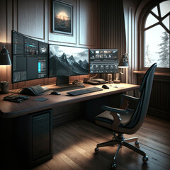 Office working desk with big monitor. Illustration AI Generative