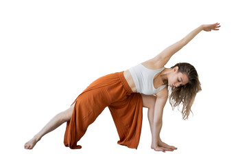 Woman doing yoga asana exercise on the floor isolated transparent background, png.