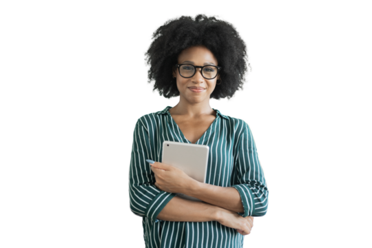 A young woman curly-haired student using a tablet in her hands isolated transparent background, png.