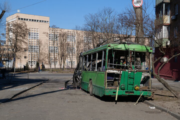 Russian missile destroyed green trolleybus and houses in Kyiv, Ukraine