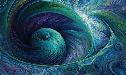  a painting of a blue and green swirl with stars in the background.  generative ai