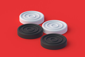 Checkers pieces on red background. Board game. Hobby and leisure. Kids toys. 3d render