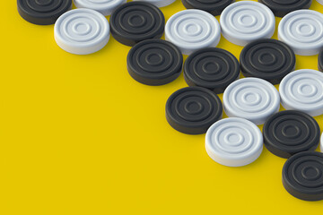Strewn checkers pieces on yellow background. Board game. Hobby and leisure. Kids toys. Copy space. 3d render