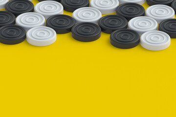 Strewn checkers pieces on yellow background. Board game. Hobby and leisure. Kids toys. Copy space. 3d render