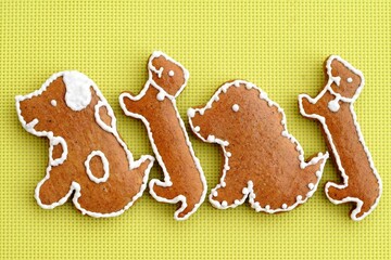 Gingerbread dogs decorated with white icing, bright yellow background